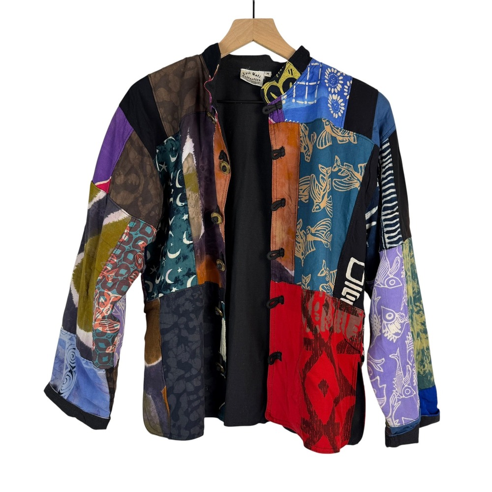 Kosi Bali Patchwork Jacket Women Size M Multicolor Rayon Boho Batik Art to Wear